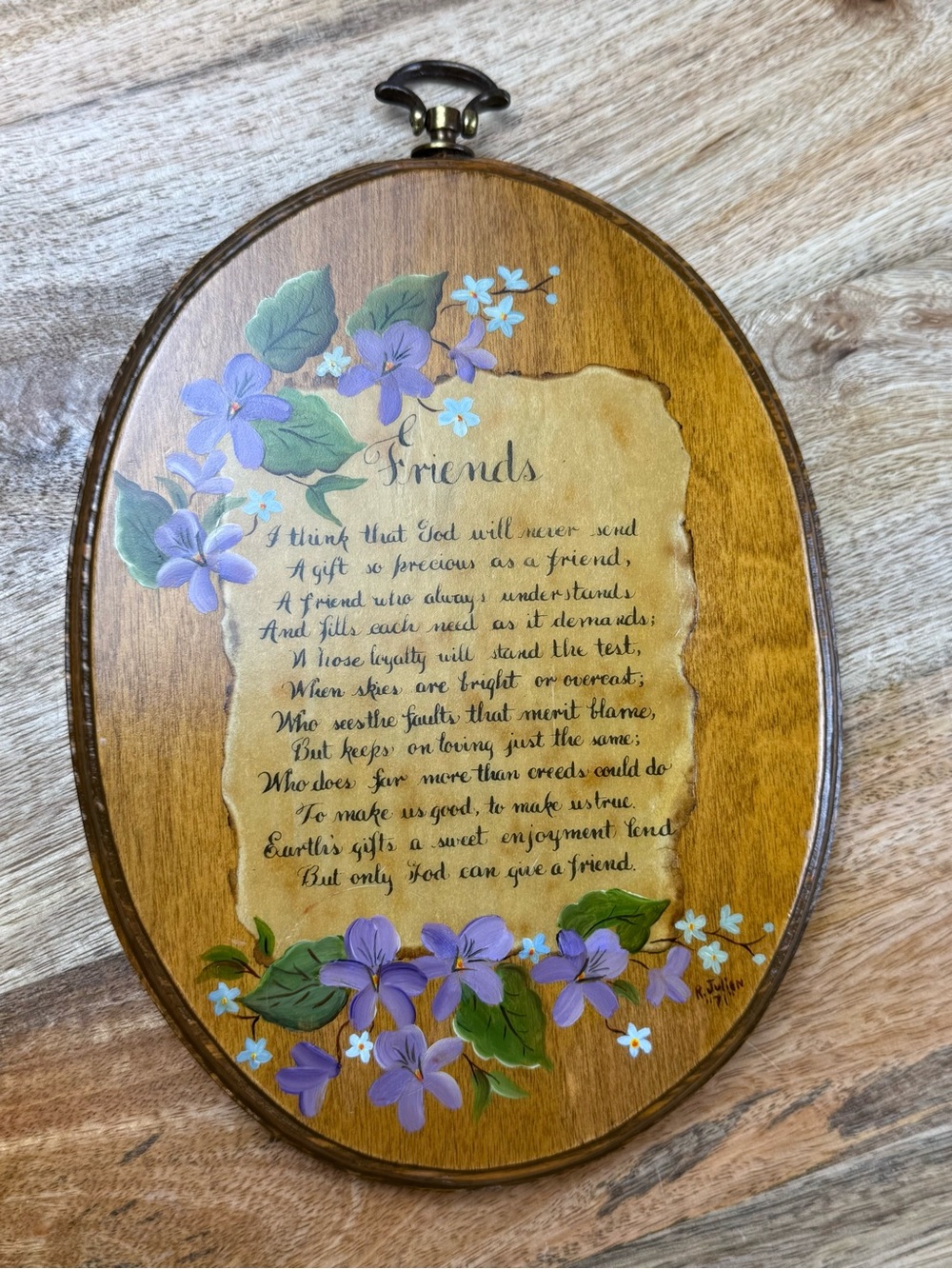 Vintage Hand Painted Violets Friends Poem Wood Wall Plaque Cottagecore